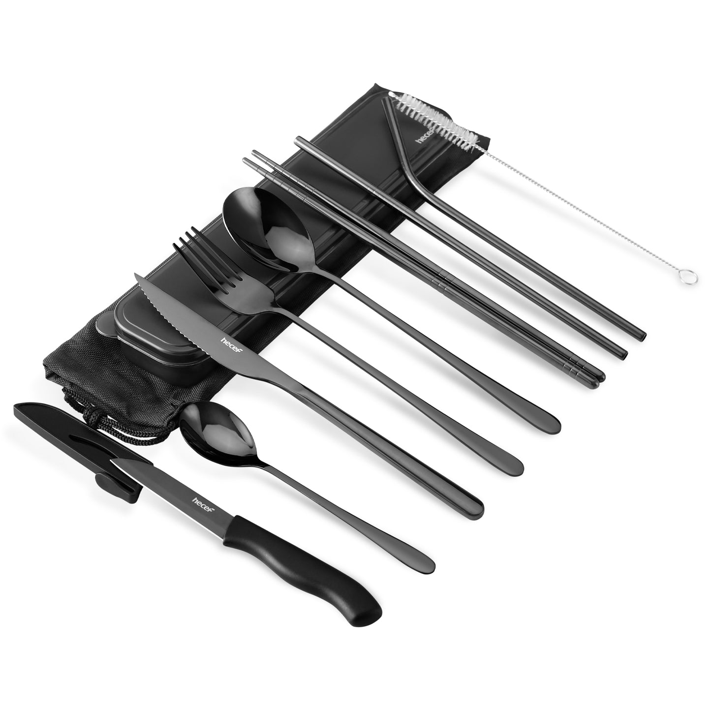 hecef 11 PCS Black Titanium Plating Travel Cutlery Set with Compact Carrying Box& Bag, Reusable Stainless Steel Utensils, Handy Flatware Set for Work, School, Camping and Travel (Black)