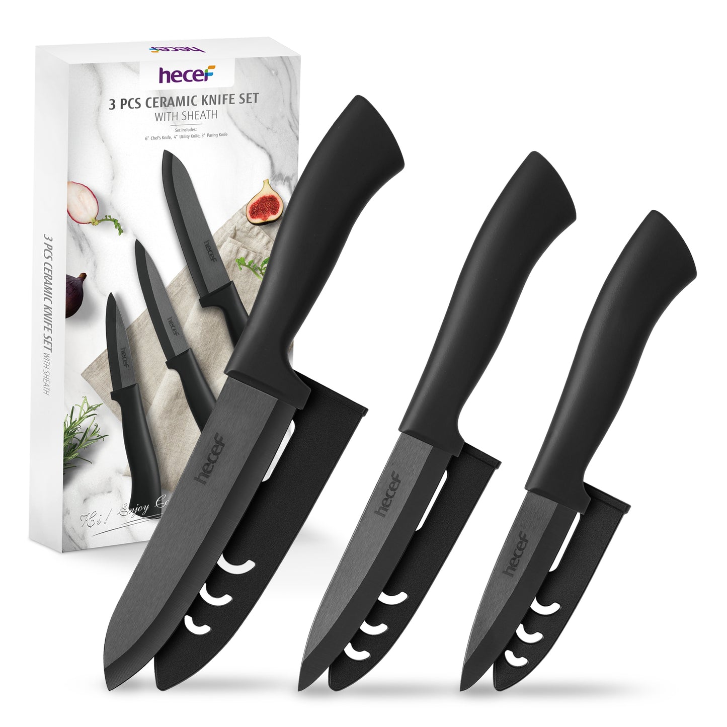 Hecef 3 PCS White Ceremic Chef's Knife,Utility Knife, Fruit Paring Knife