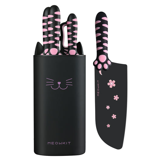 Meowkit 5-Piece Knife Set with Block, High Carbon Steel Extra Sharp Edge with Cat Paw Handle