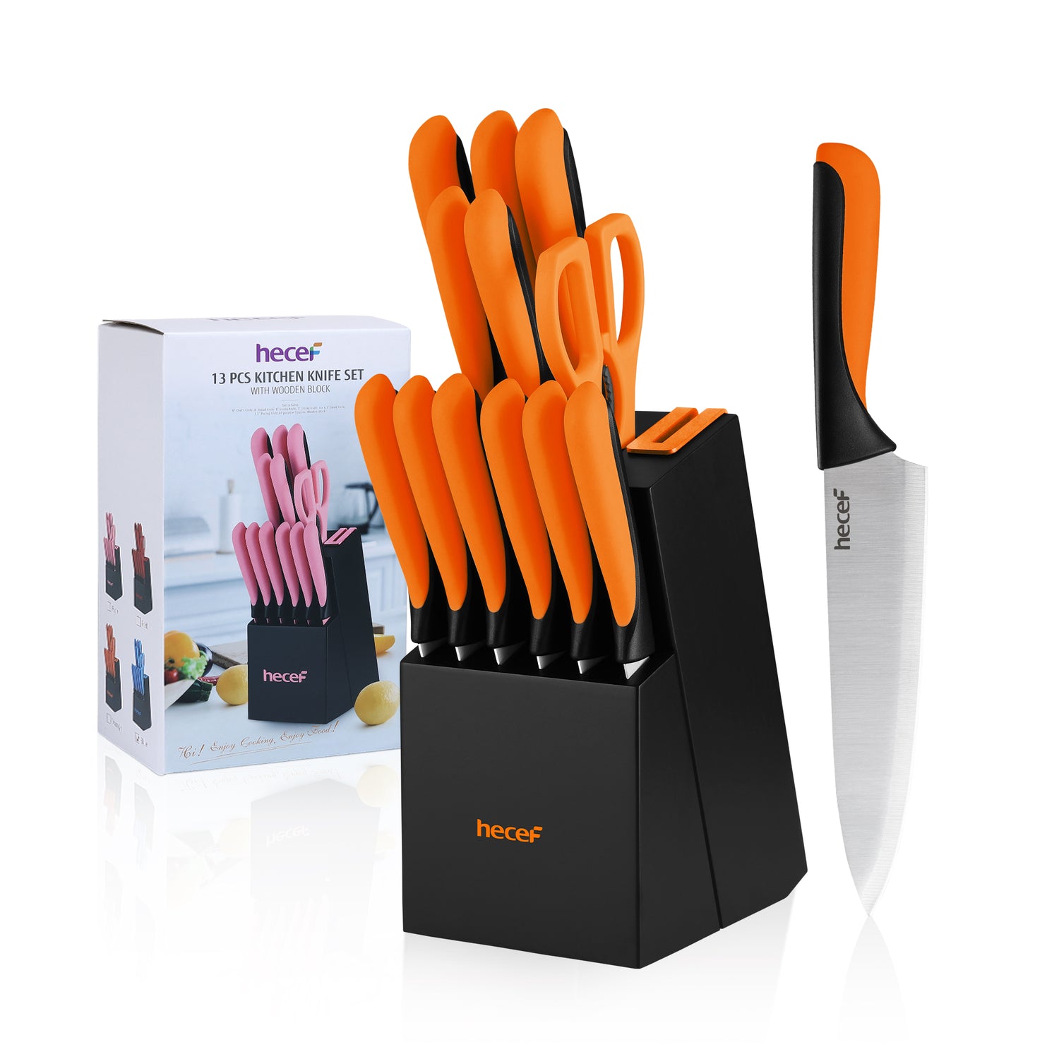 hecef knife block with knife, 13-piece kitchen knife set with wooden block and built-in sharpener, professional knife set with steak knives and kitchen scissors, etc - Hecef Kitchen