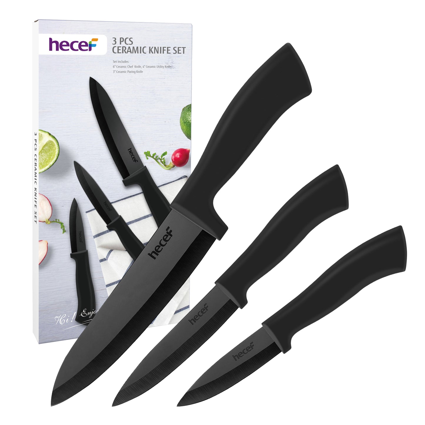 Hecef 3 PCS White Ceremic Chef's Knife,Utility Knife, Fruit Paring Knife