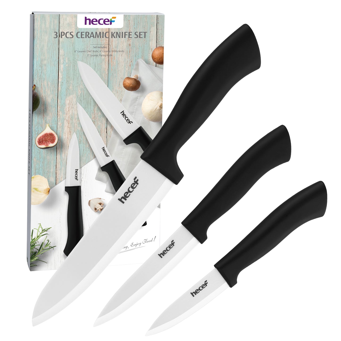 hecef White Ceramic Knife Set of 3, Sharp Knife Set Include 6'' Chef's Knife, 4'' Utility Knife and 3'' Paring Knife - Never Rust Blade for Vegetables, Fruits and Meats