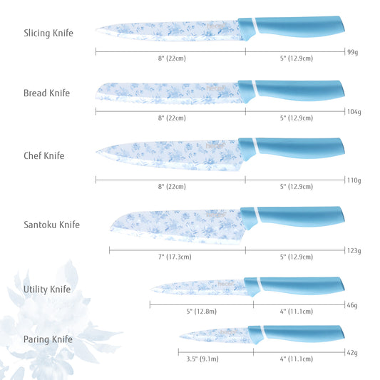 Hecef 6-piece Stainless Steel Kitchen Knife Set,Blue and White Porcelain Pattern