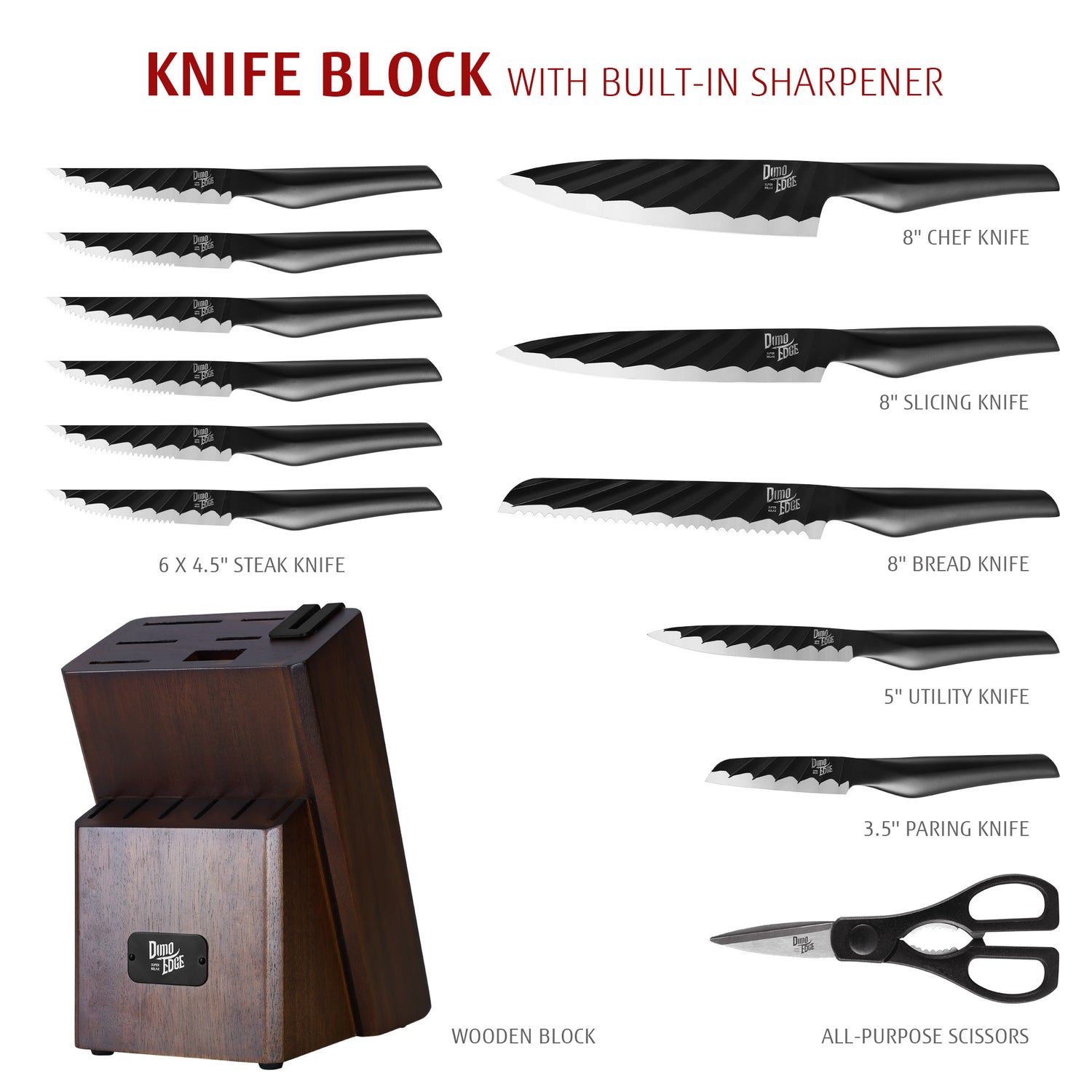 Dimoedge Kitchen Knife Block Set with Built-in Sharpener, Ultra-Sharp 13-Piece Stainless Steel Knives with Ergonomic Hollow Handle - Hecef Kitchen