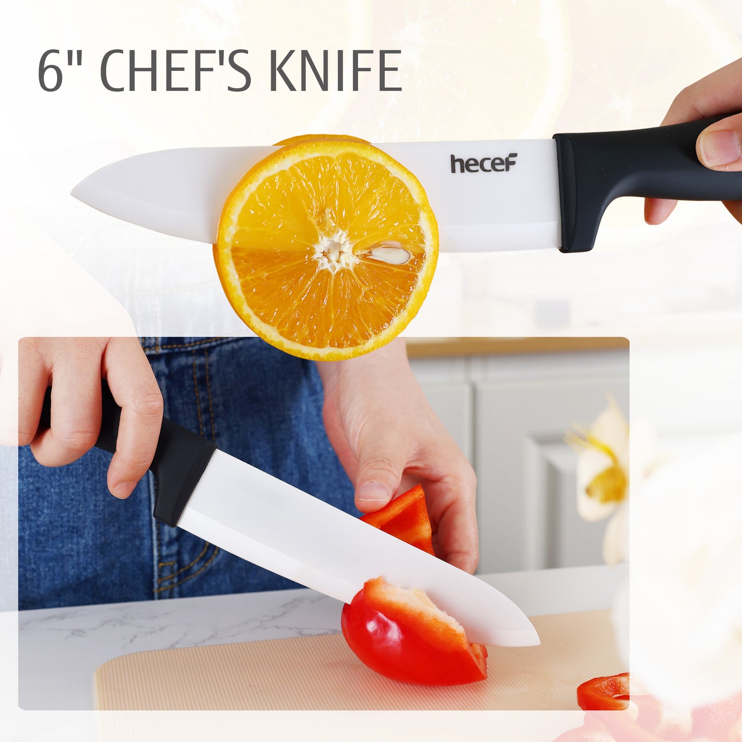 hecef Lot de 3 couteaux en céramique blanche, ensemble de couteaux tranchants comprenant un couteau de chef de 6'', un couteau utilitaire de 4'' et un couteau d'office de 3'' - Lame ne rouille jamais pour légumes, fruits et viandes 