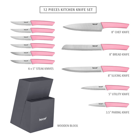  hecef 25 PCS Rose Gold Titanium Plated Kitchen Knife Set with  Block and Cutting Mats, Cutlery Knife Set with Sharp Serrated Steak Knives,  Boning Knife, Scissors, Sharpener, Peeler and Acrylic Stand