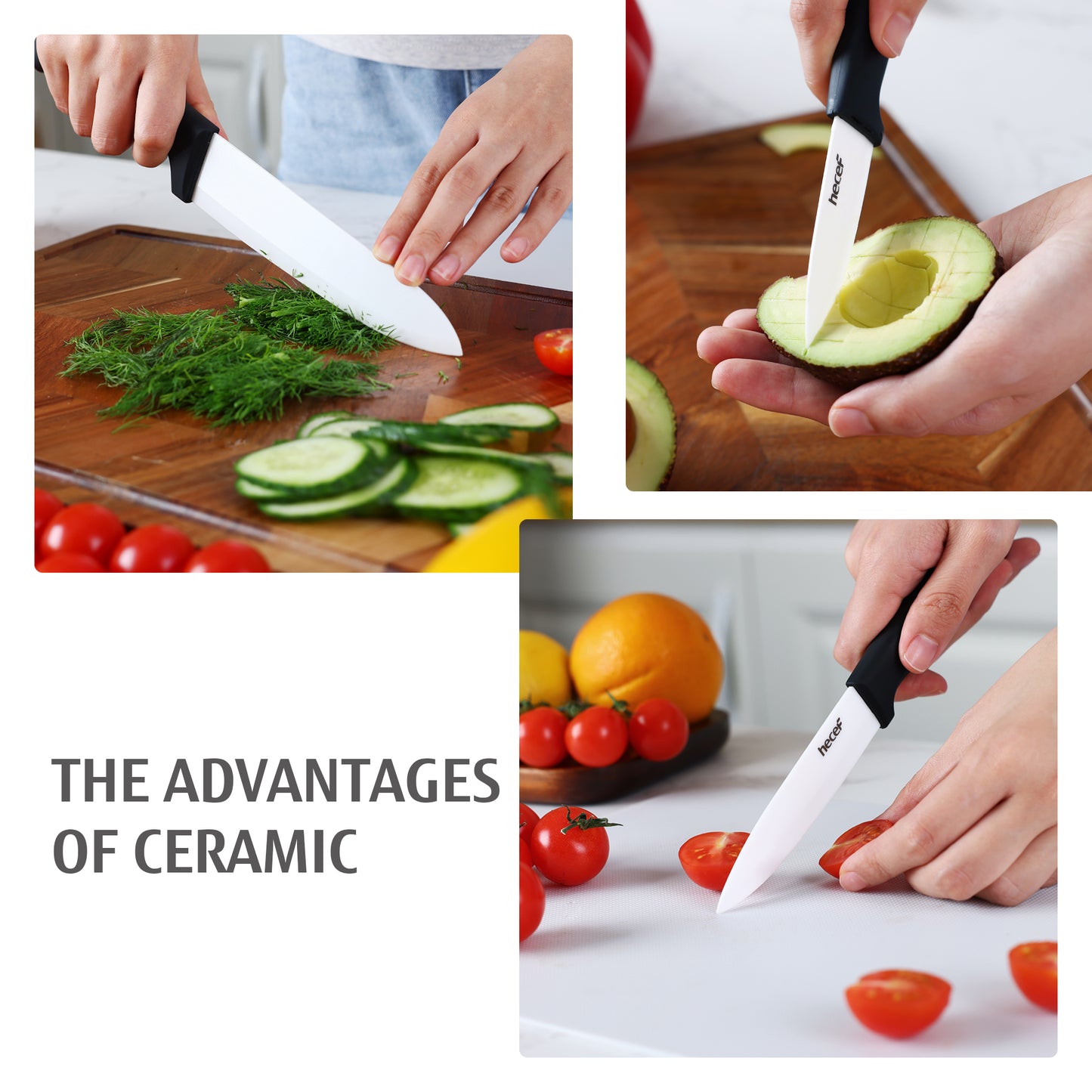 hecef White Ceramic Knife Set of 3, Sharp Knife Set Include 6'' Chef's Knife, 4'' Utility Knife and 3'' Paring Knife - Never Rust Blade for Vegetables, Fruits and Meats