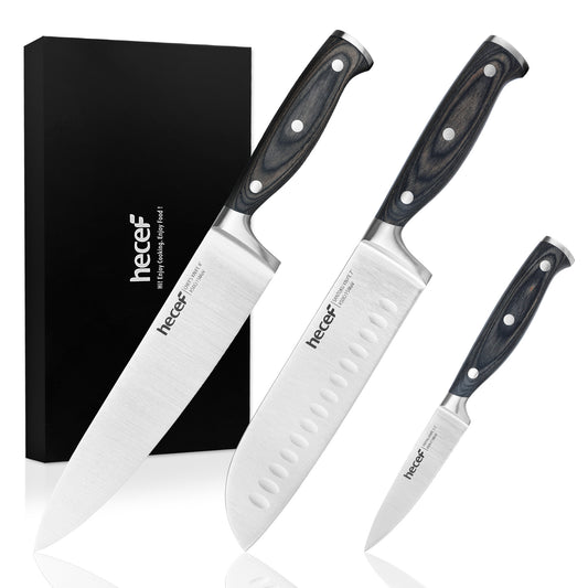 Hecef 3-Piece Professional Kitchen Knife Set, German Steel Extra Sharp Chef Knife Set