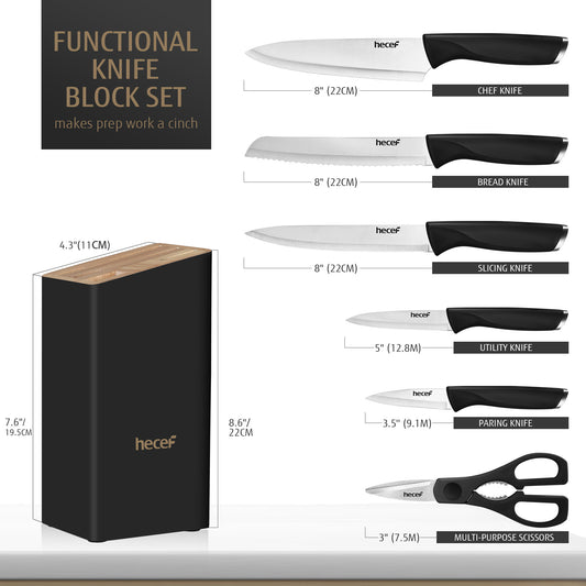 Hecef 7-Piece Black Knife Set with Wooden Block, Carbon Steel Chef, Slicing, Bread, Utility, Paring Knife, Kitchen Scissors