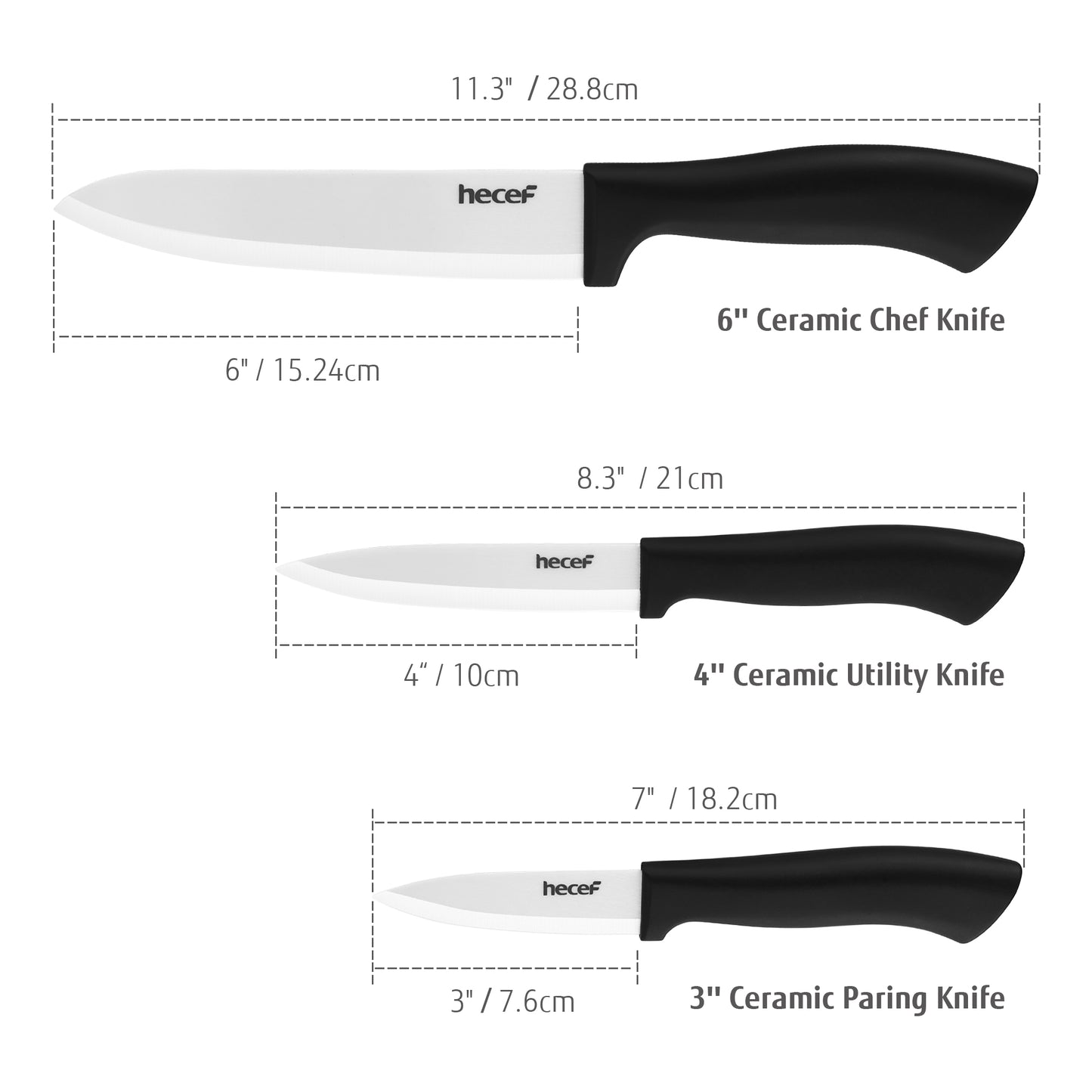 hecef Lot de 3 couteaux en céramique blanche, ensemble de couteaux tranchants comprenant un couteau de chef de 6'', un couteau utilitaire de 4'' et un couteau d'office de 3'' - Lame ne rouille jamais pour légumes, fruits et viandes 