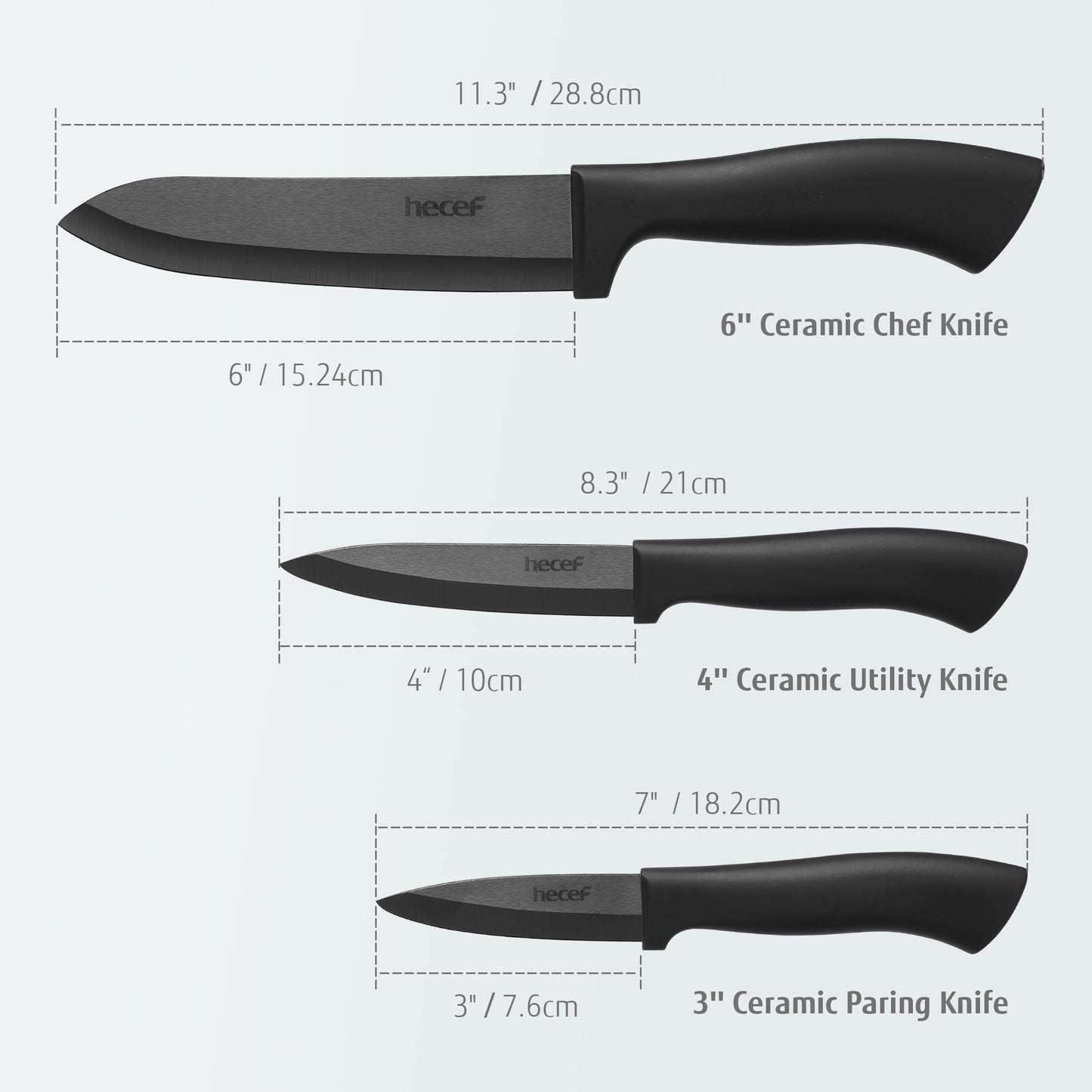 Hecef 3 PCS White Ceremic Chef's Knife,Utility Knife, Fruit Paring Knife