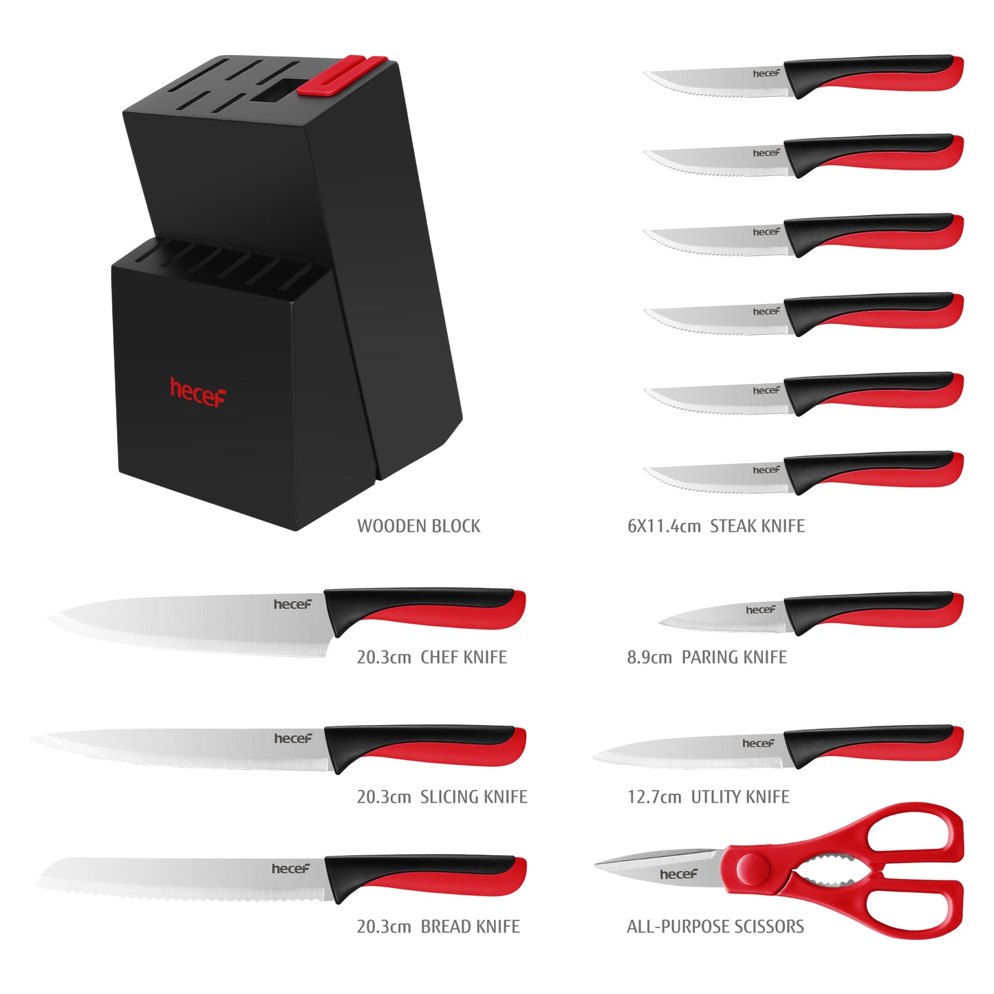 hecef knife block with knife, 13-piece kitchen knife set with wooden block and built-in sharpener, professional knife set with steak knives and kitchen scissors, etc - Hecef Kitchen