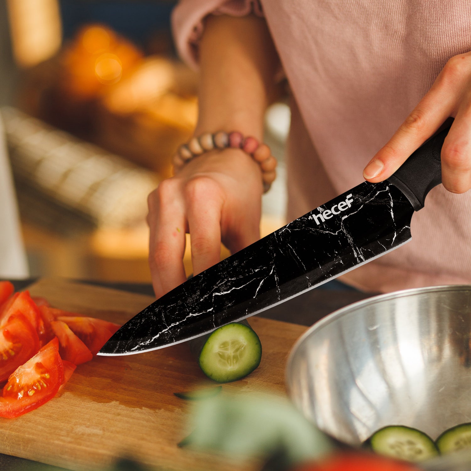 hecef Kitchen Knife Set of 5, Sharp Stainless Steel wtih Black Marble Pattern, Professional Cooking Knives Set Including Paring, Utility, Bread, Carving, Santoku & Chef Knife - Hecef Kitchen