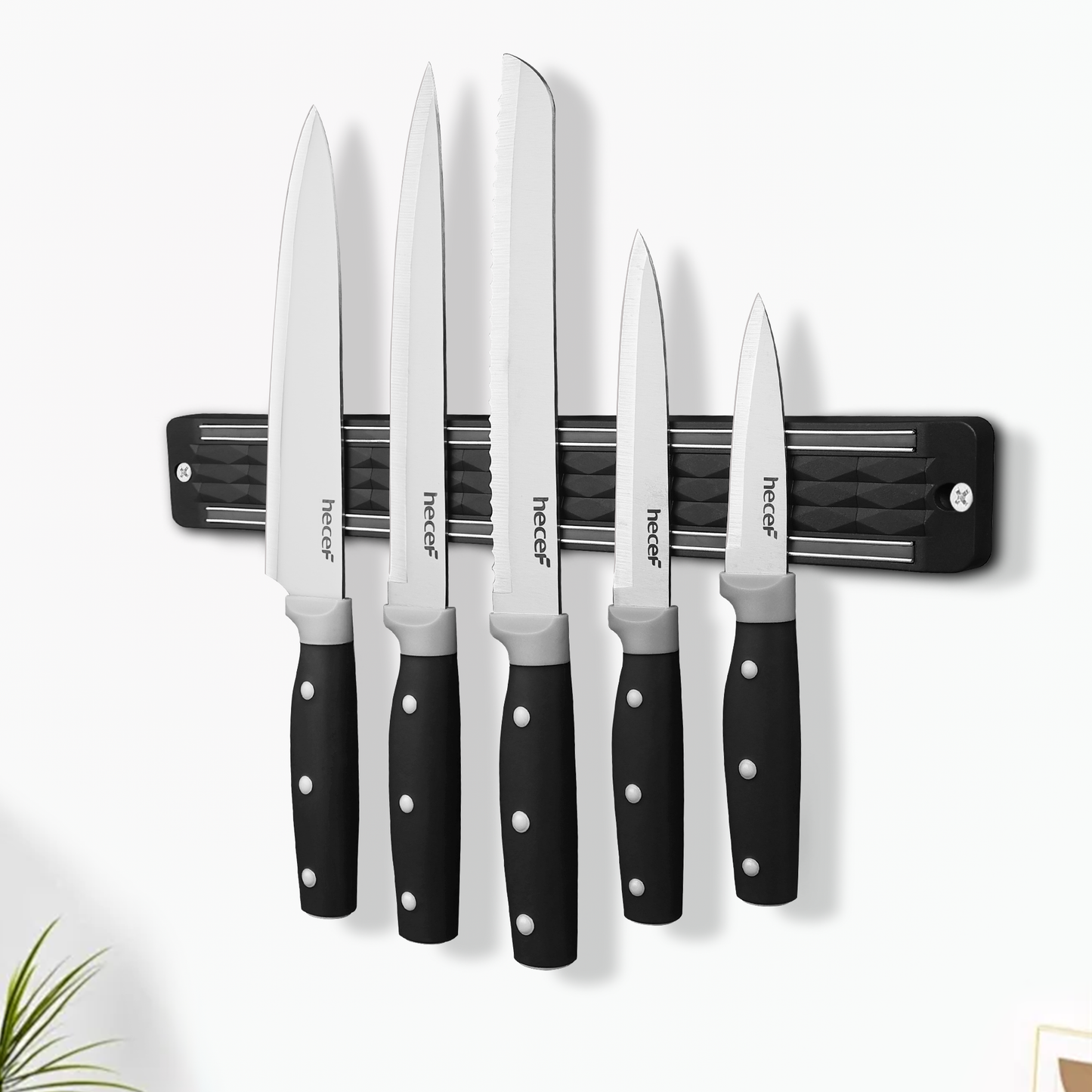 Hecef 6Pcs Kitchen Knife Set with Magnetic Strip,Professional Knives Set for Kitchen, 13-inch Magnetic Strip Stainless Steel Sharp Chef Knife Set with Purple Handle for Cutting Meat & Vegetable