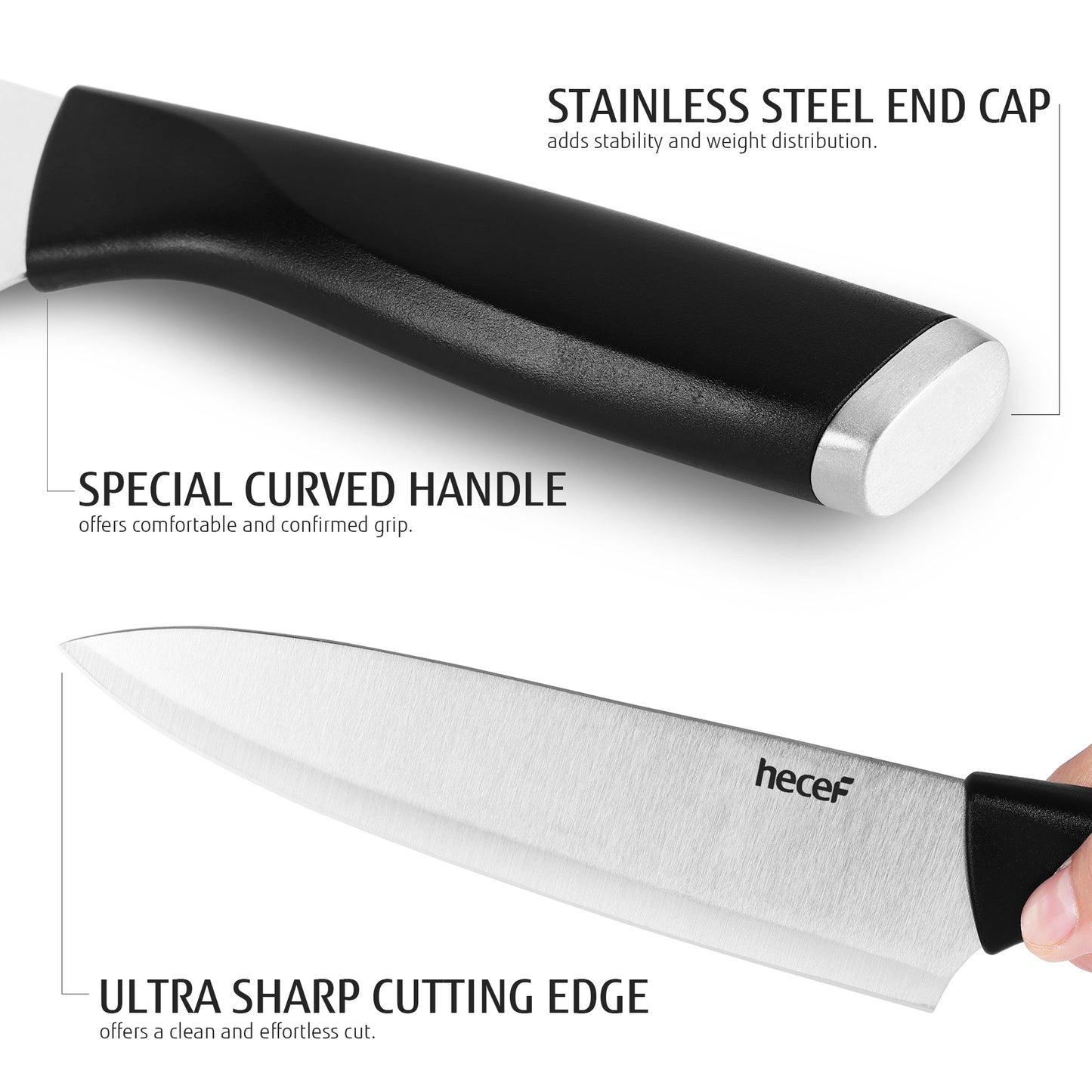 Hecef 7-Piece Black Knife Set with Wooden Block, Carbon Steel Chef, Slicing, Bread, Utility, Paring Knife, Kitchen Scissors