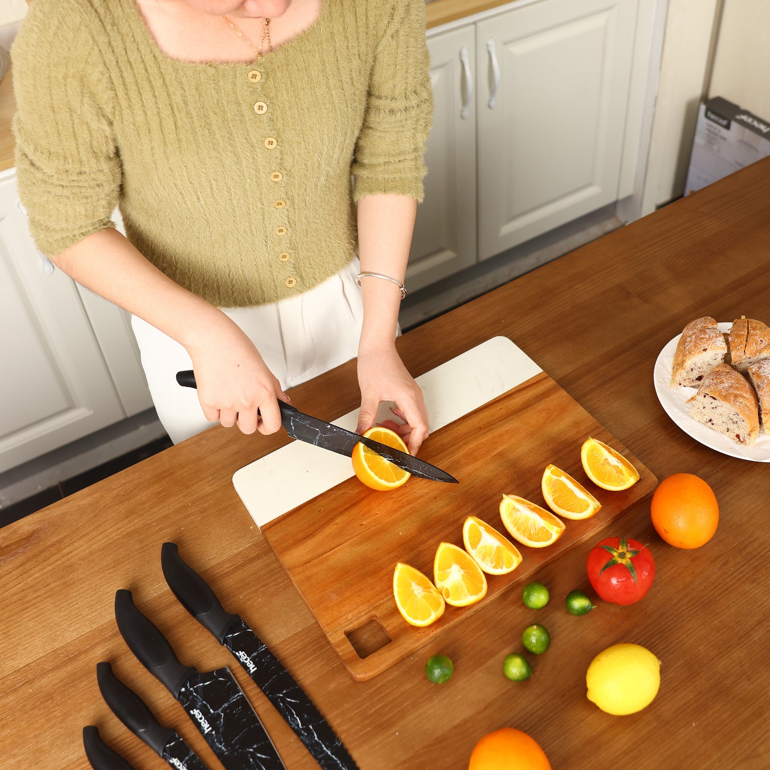 hecef Kitchen Knife Set of 5, Sharp Stainless Steel wtih Black Marble Pattern, Professional Cooking Knives Set Including Paring, Utility, Bread, Carving, Santoku & Chef Knife - Hecef Kitchen