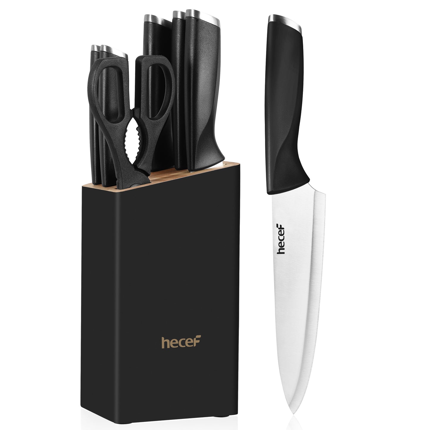 Hecef 7-Piece Black Knife Set with Wooden Block, Carbon Steel Chef, Slicing, Bread, Utility, Paring Knife, Kitchen Scissors