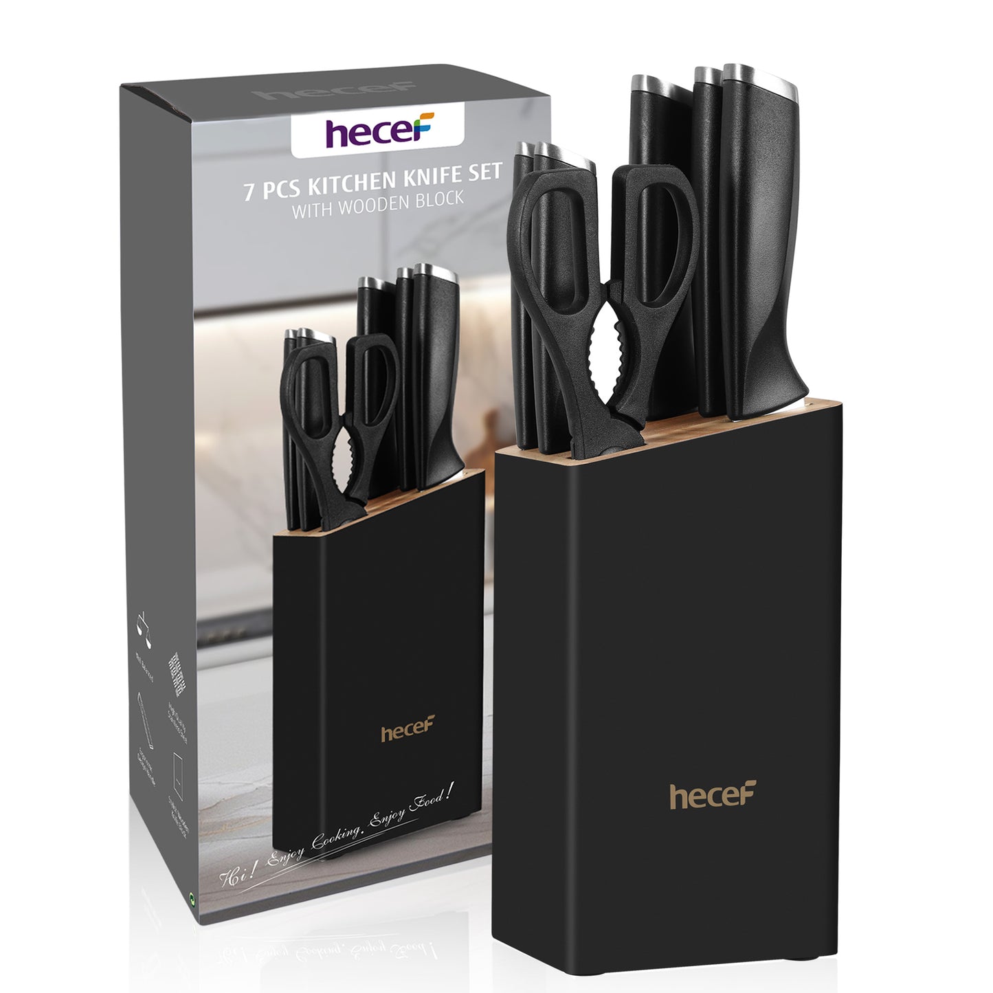 Hecef 7-Piece Black Knife Set with Wooden Block, Carbon Steel Chef, Slicing, Bread, Utility, Paring Knife, Kitchen Scissors