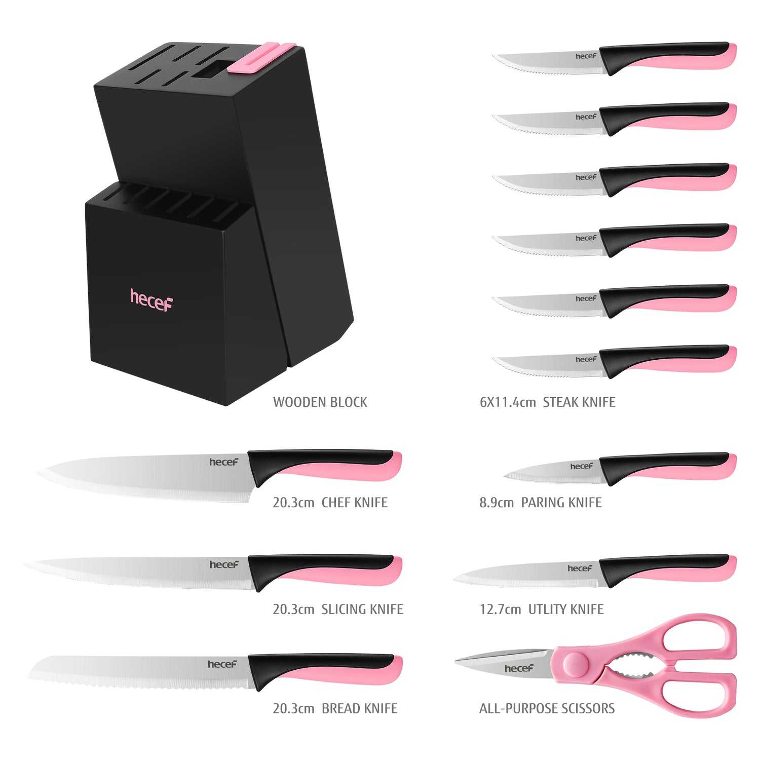 hecef knife block with knife, 13-piece kitchen knife set with wooden block and built-in sharpener, professional knife set with steak knives and kitchen scissors, etc - Hecef Kitchen