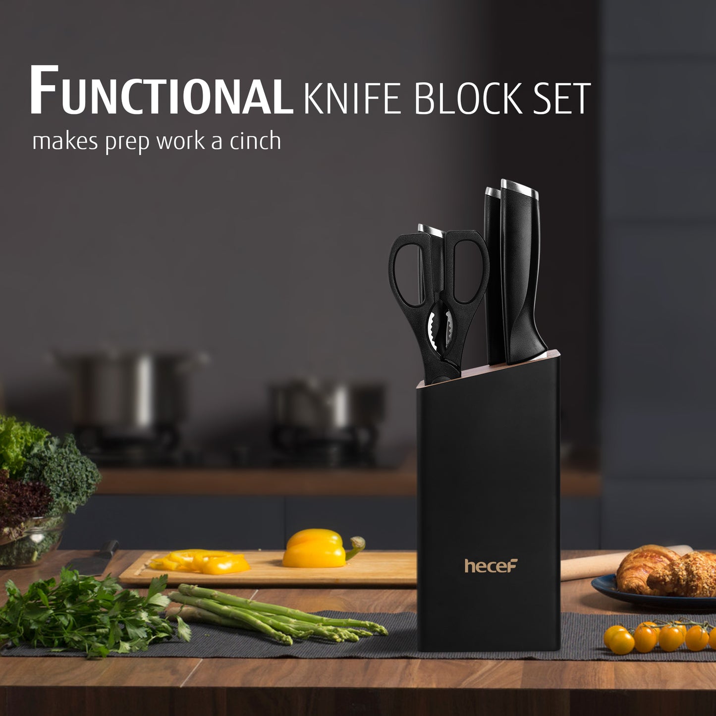 Hecef 7-Piece Black Knife Set with Wooden Block, Carbon Steel Chef, Slicing, Bread, Utility, Paring Knife, Kitchen Scissors