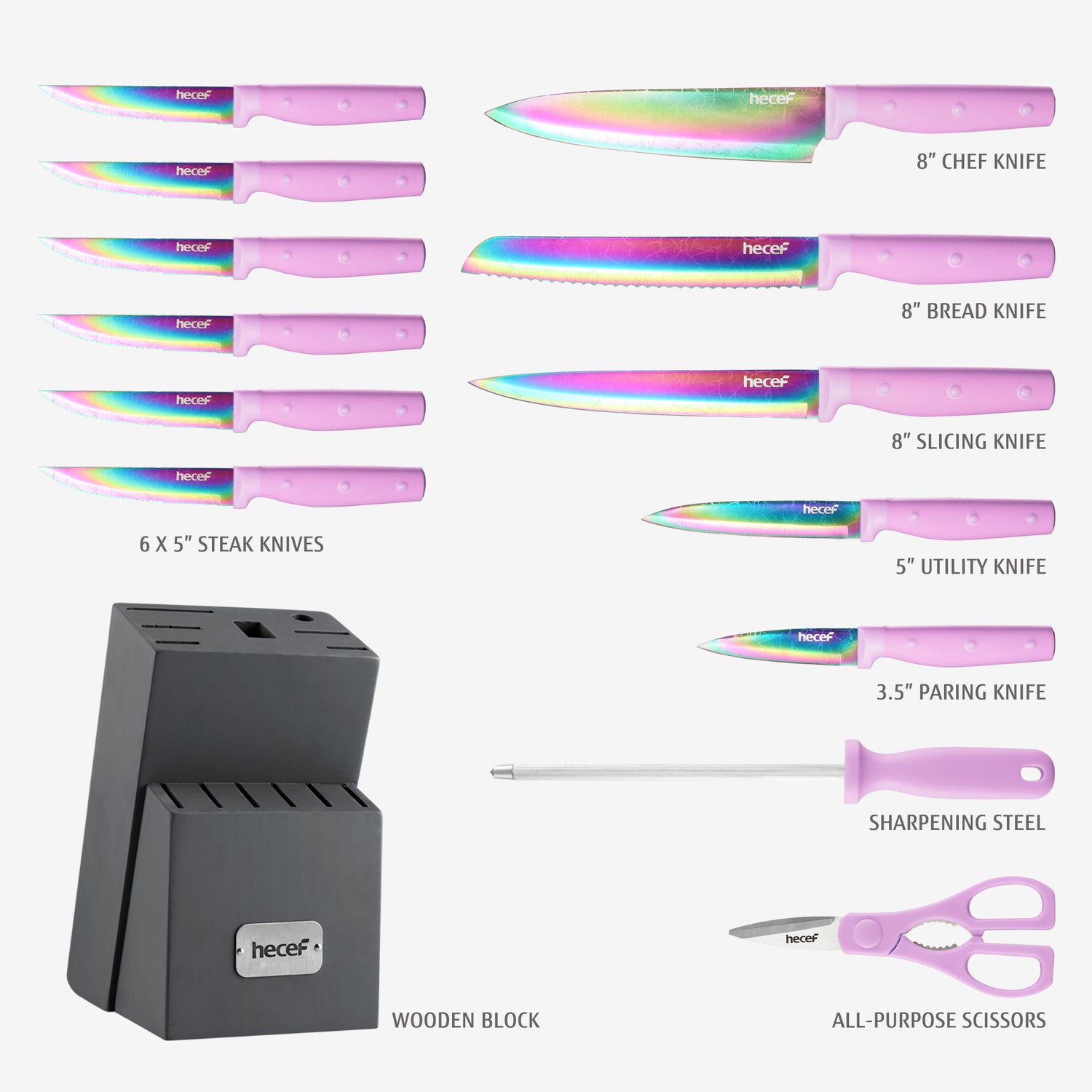 HAUSHOF Kitchen Knife Set, 5 Piece Rainbow Knife Sets with Block, Titanium  Coated Starter Knives Set for Kitchen with Ergonomic Handle, Great for  Slicing, Dicing&Cutting 