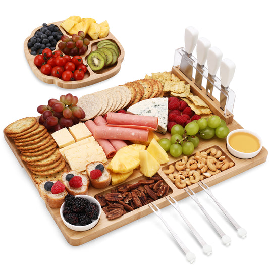 Unique Bamboo Charcuterie Board, Cheese Platter & Serving Tray  Including 4 Stainless Steel Knife & Thick Wooden Server - Fancy House  Warming Gift & Perfect Choice for Gourmets: Cheese Servers