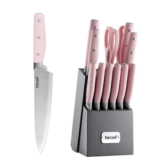 hecef 25 PCS Rose Gold Titanium Plated Kitchen Knife Set with Block and  Cutting Mats, Cutlery Knife Set with Sharp Serrated Steak Knives, Boning