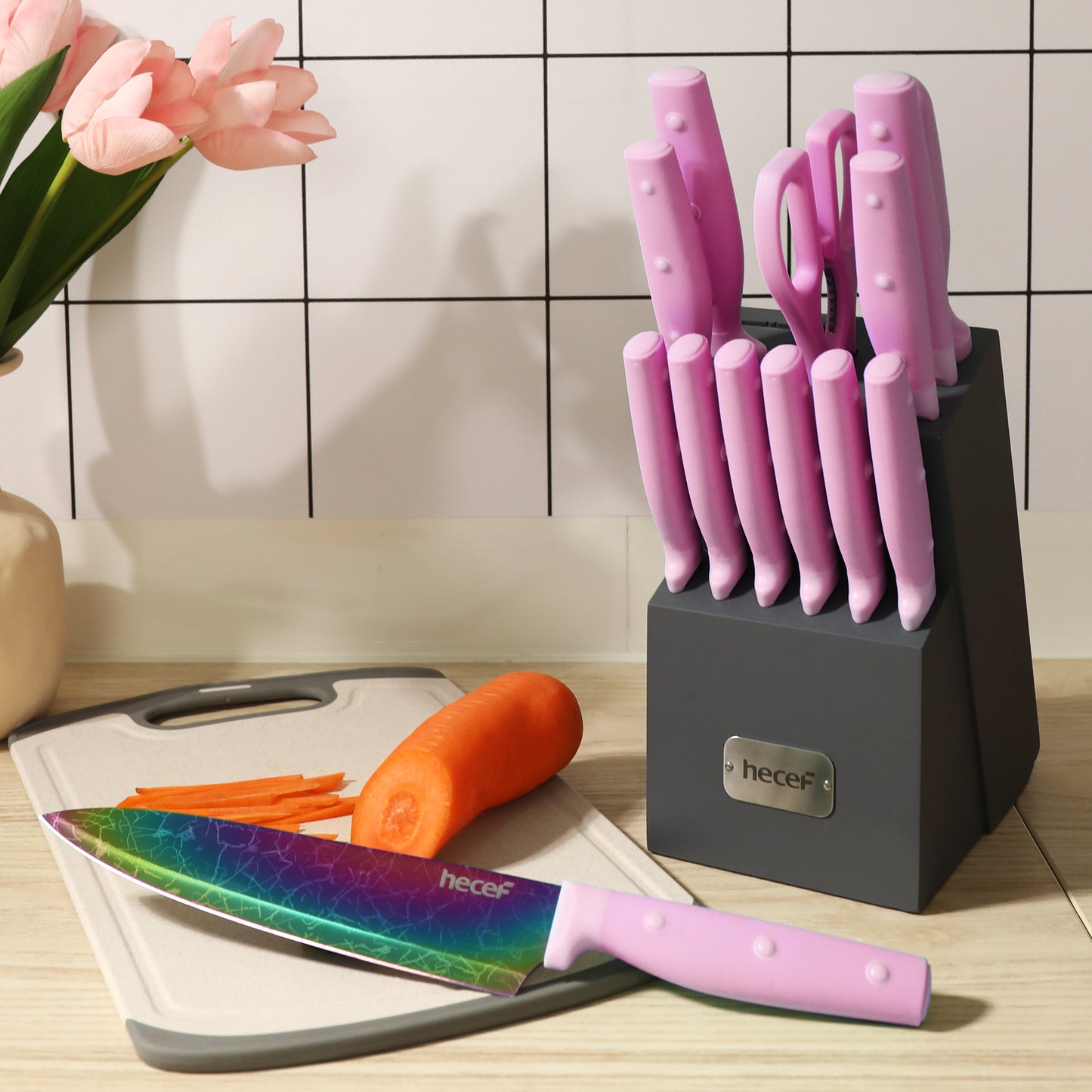 HAUSHOF Kitchen Knife Set, 5 Piece Rainbow Knife Sets with Block, Premium Steel Knives Set for Kitchen with Ergonomic Handle, Great for Slicing