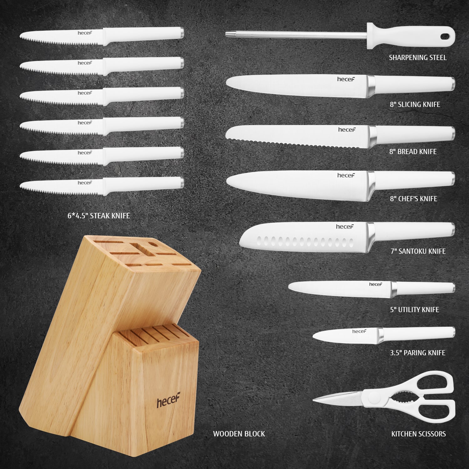  hecef Kitchen Knife Block Set, 12 Pieces Knife Set with Wooden  Block & Steak Knives Set, Lightweight and Strong High Carbon Stainless  Steel Cutlery Set, Extended Handle Design: Home & Kitchen