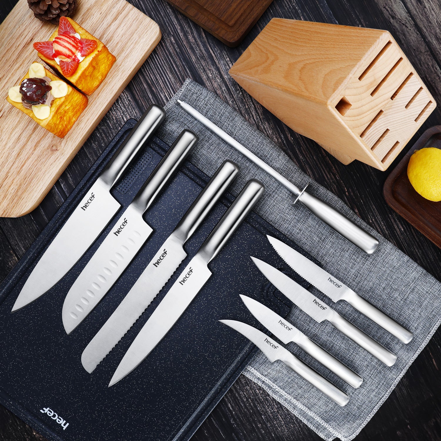 Hecef 14-Piece Kitchen Knife Set with Wooden Block Rainbow Blades,  Dishwasher Safe Titanium Coating Chef Knife Set 