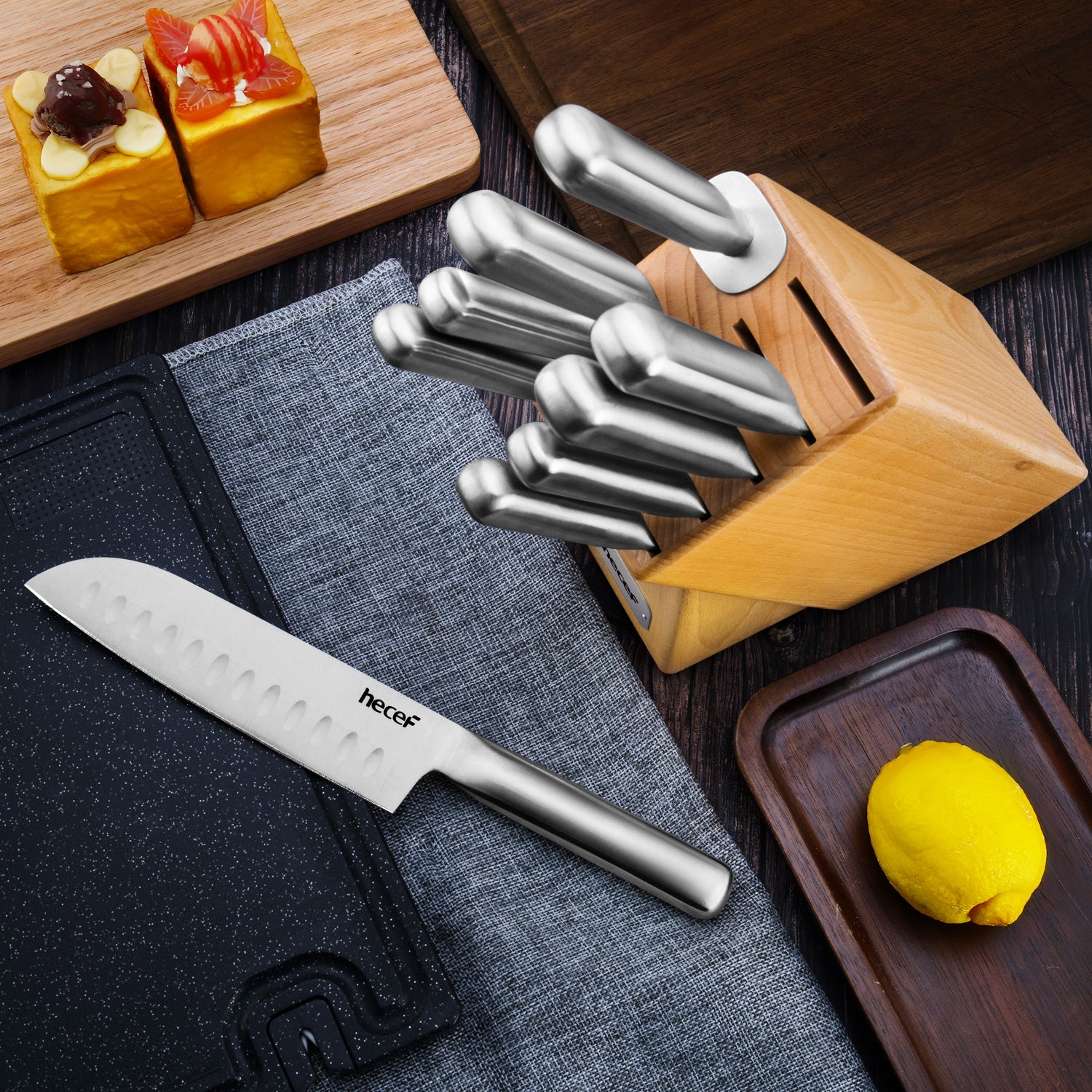 Hecef 6 Pieces Kitchen Knife Block Set, Satin Finished Stainless