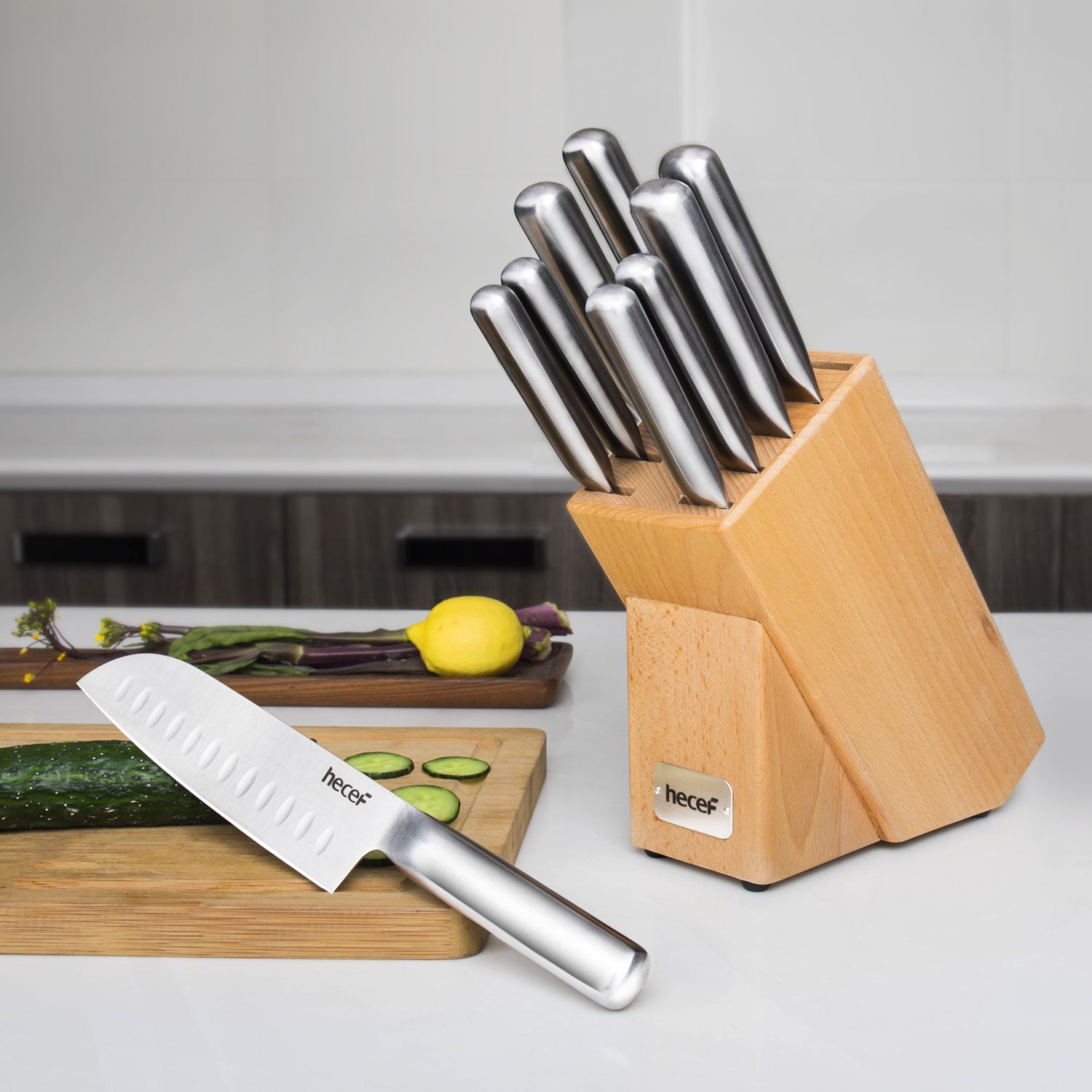 hecef Kitchen Knife Block Set, 14 Pieces Set with Wooden Block & Sharpener  Steel & All-purpose Scissors, High Carbon Stainless Steel Cutlery Set
